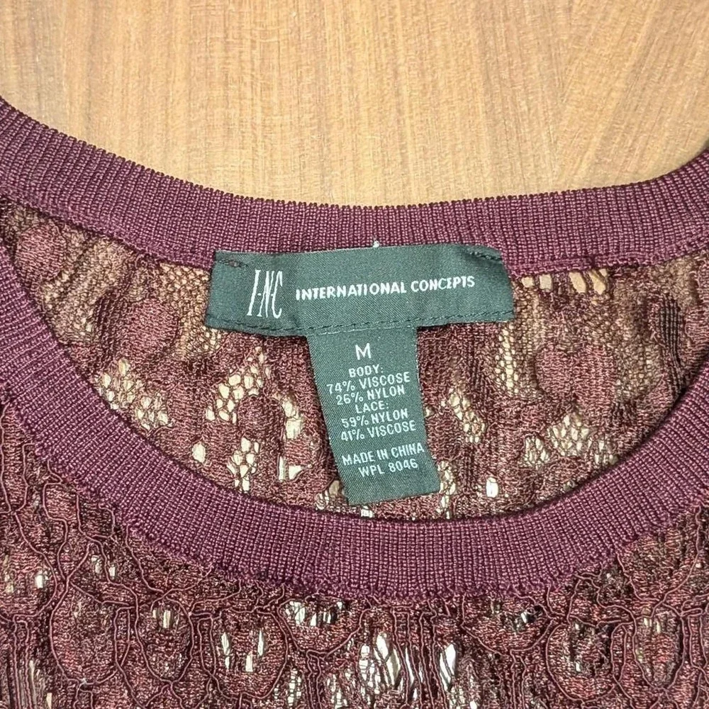 INC International Concepts Blouse Women Burgundy Excellent Lace Cold Shoulder M